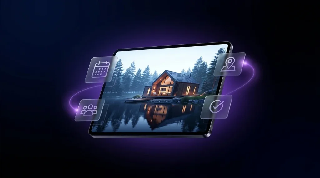 Strona internetowa dla agroturystyki na Warmii i Mazurach wyświetlona na laptopie na tle mazurskiego krajobrazu
